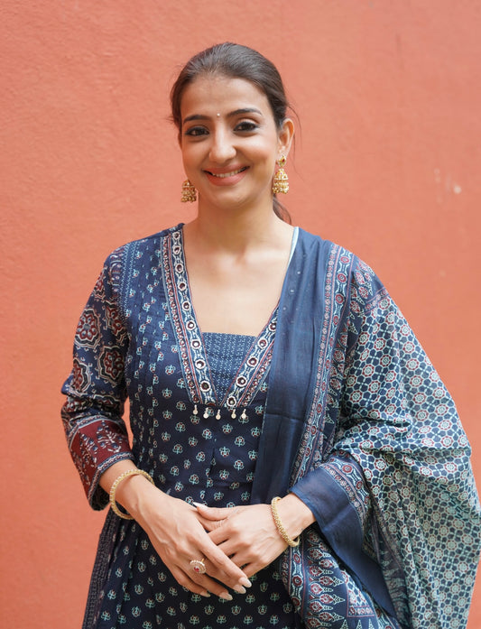 Hand Block Print Blue Kurta Set with Dupatta for Women