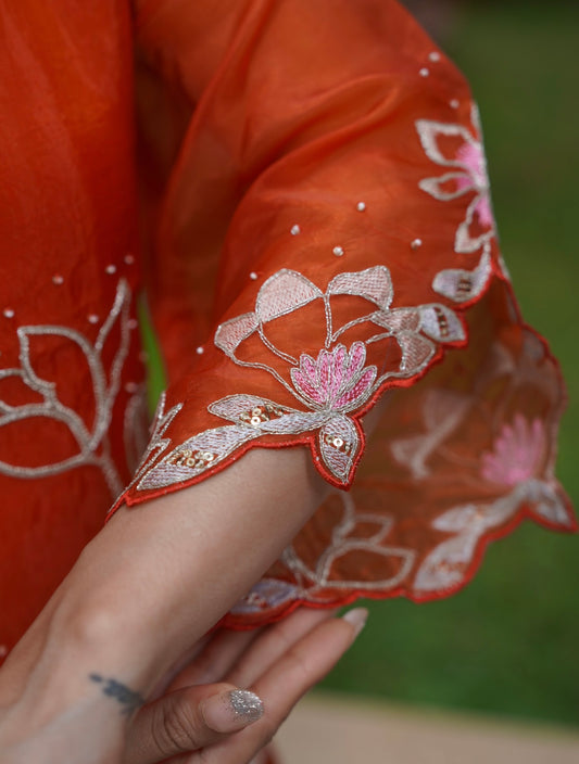 Narangi Organza Kurta Set with Floral Embroidery | Festive Ethnic Wear