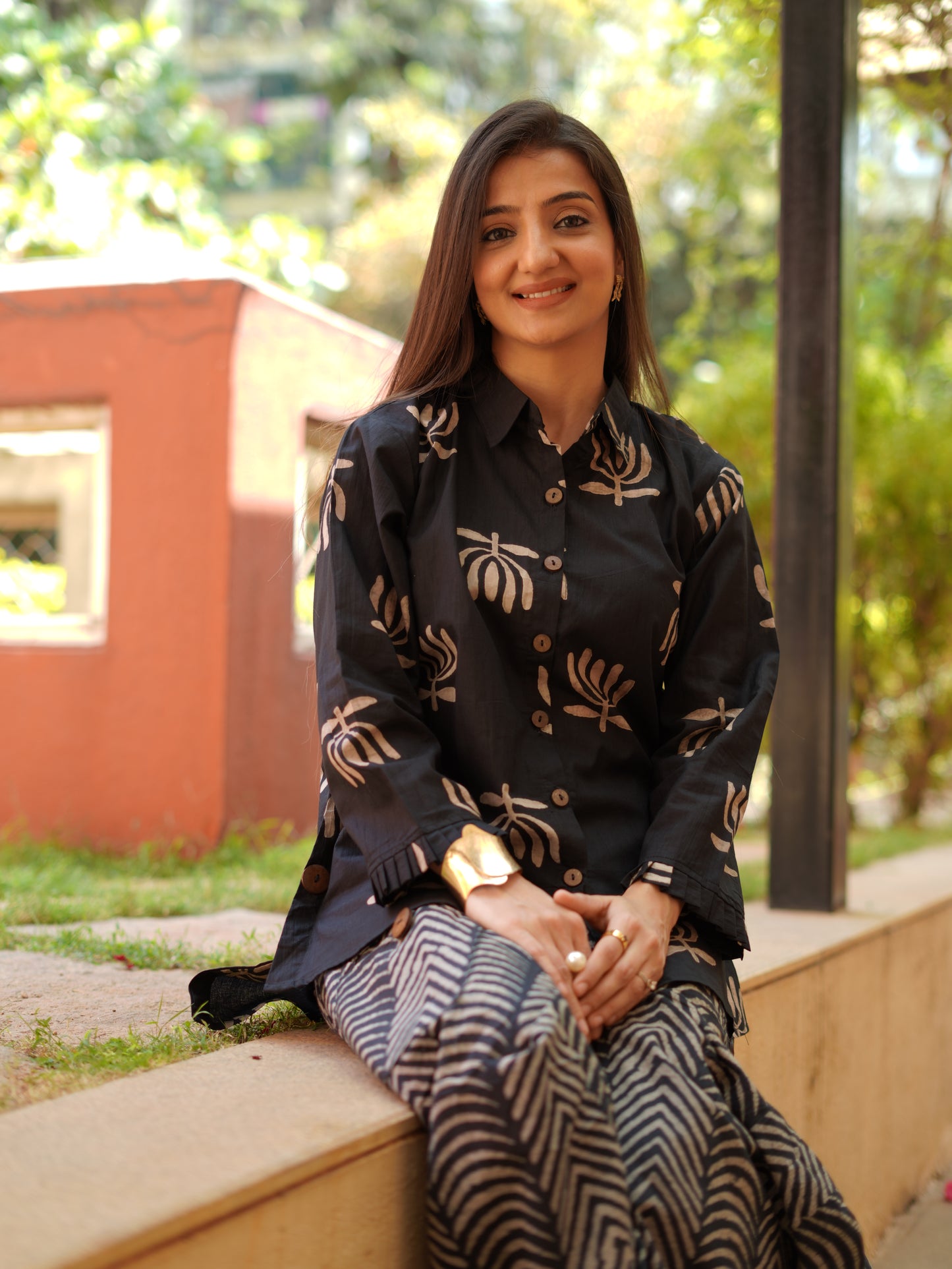 Black Lotus bloom Printed Fusion Kurta Set with turkey skirt.