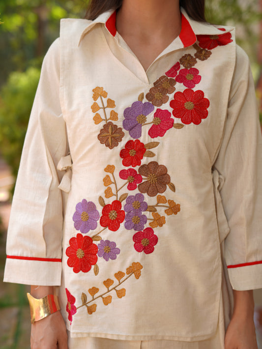 ivory Floral Embroidered cord Set with Pants | PARRII Fusion Ethnic Wear