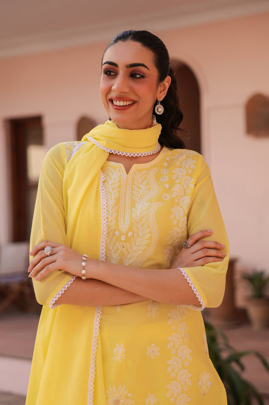 PARRII Sunshine Yellow Embroidered Summer Kurta Set with Dupatta
