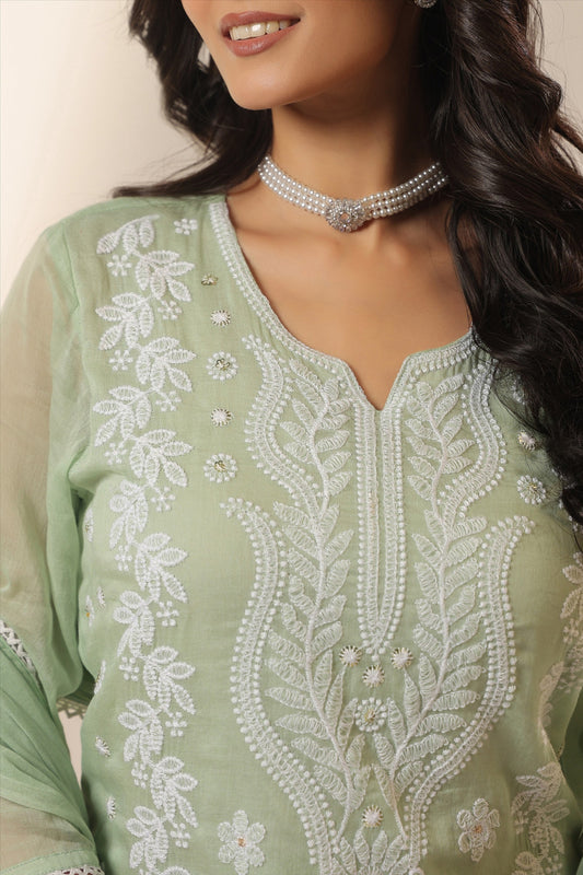 PARRII Mint Green Embroidered Summer Kurta Set with Dupatta