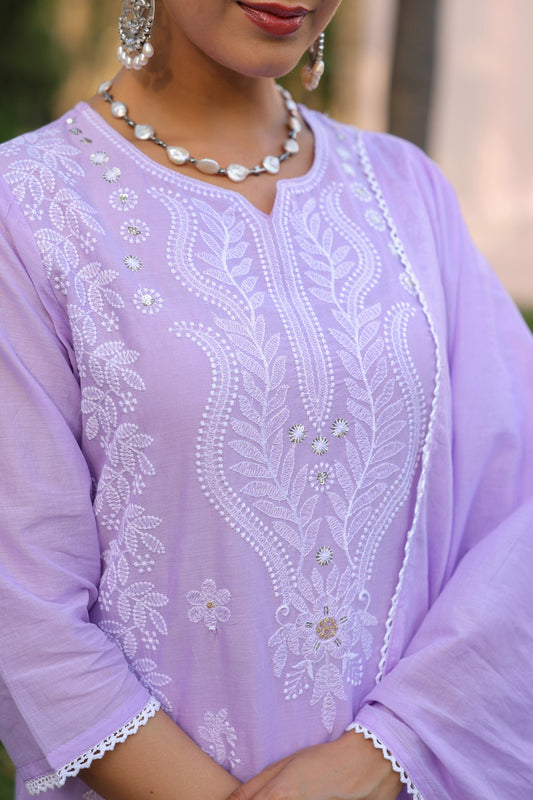 PARRII Lavender Embroidered Kurta Set with Dupatta