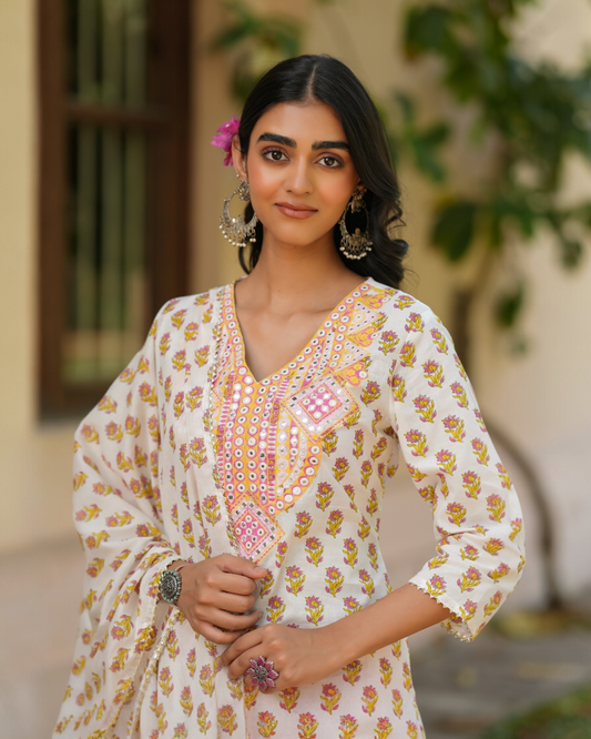 Gulbahaar Parrii White Floral Kurta Set with Pink Embroidery
