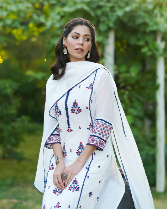 White Breeze Blues Embroidered Kurta Set for Women – Parrii