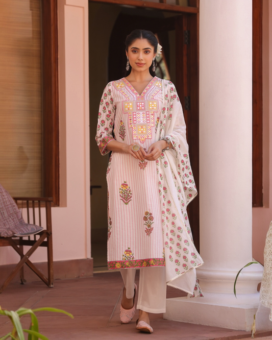 Chhavi off-White Floral Printed Cotton Salwar Suit with Dupatta for Women
