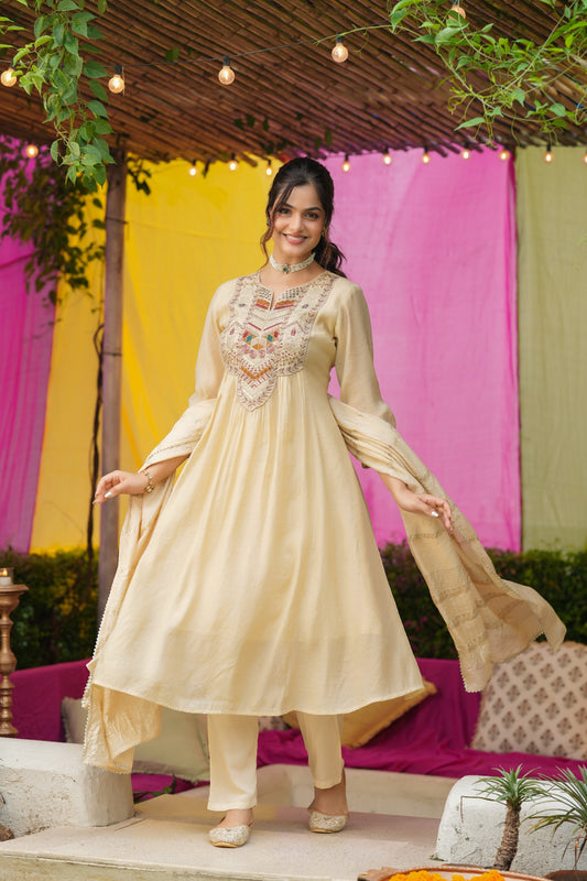 Heavy hand embroidered Anarkali suit with dupatta front view