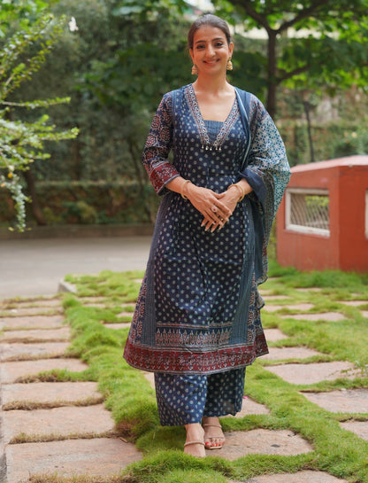 Hand Block Print Blue Kurta Set with Dupatta for Women