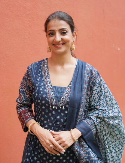 Hand Block Print Blue Kurta Set with Dupatta for Women