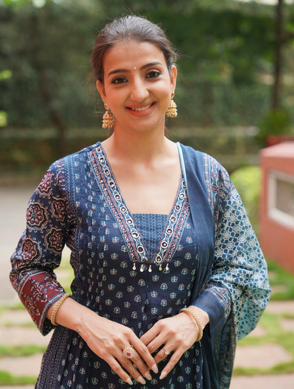 Hand Block Print Blue Kurta Set with Dupatta for Women