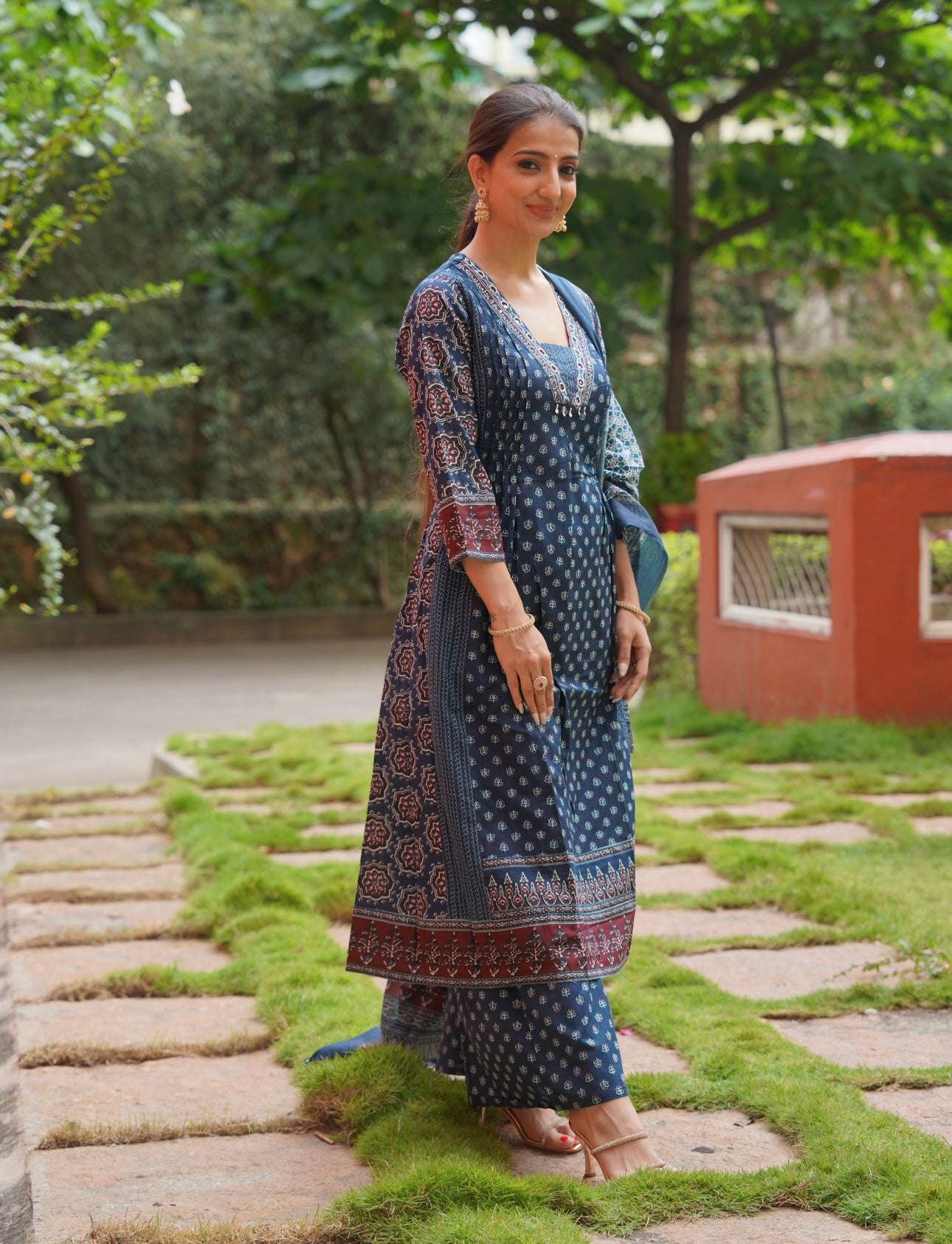 Hand Block Print Blue Kurta Set with Dupatta for Women