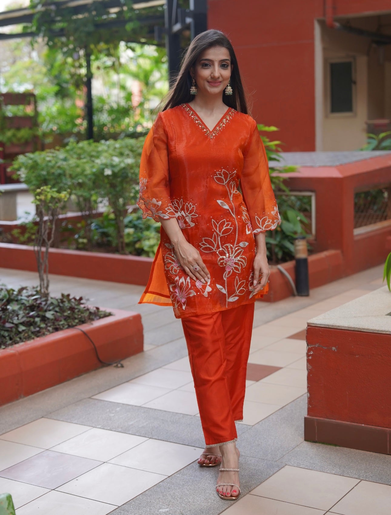 Narangi Organza Kurta Set with Floral Embroidery | Festive Ethnic Wear