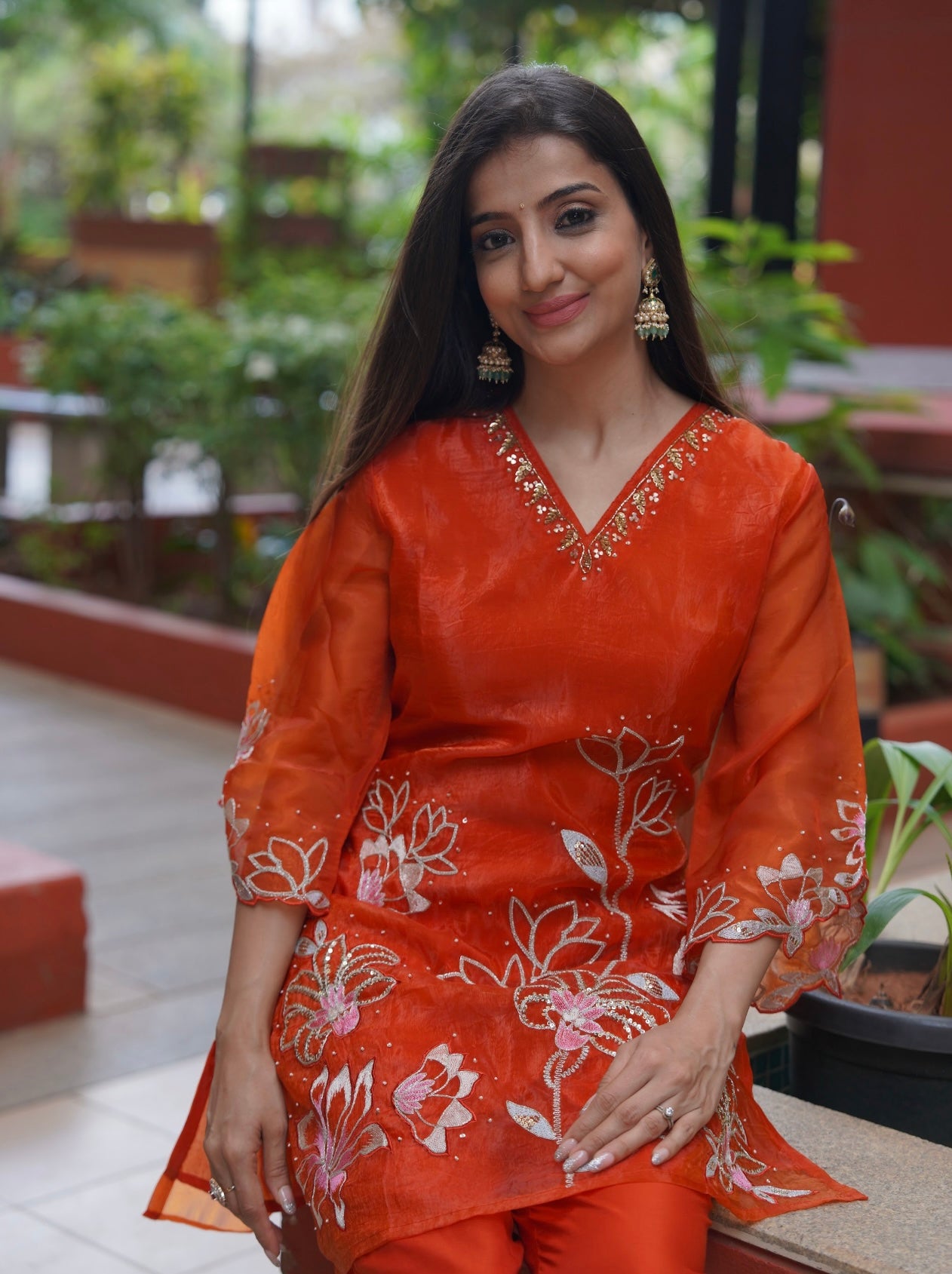 Narangi Organza Kurta Set with Floral Embroidery | Festive Ethnic Wear