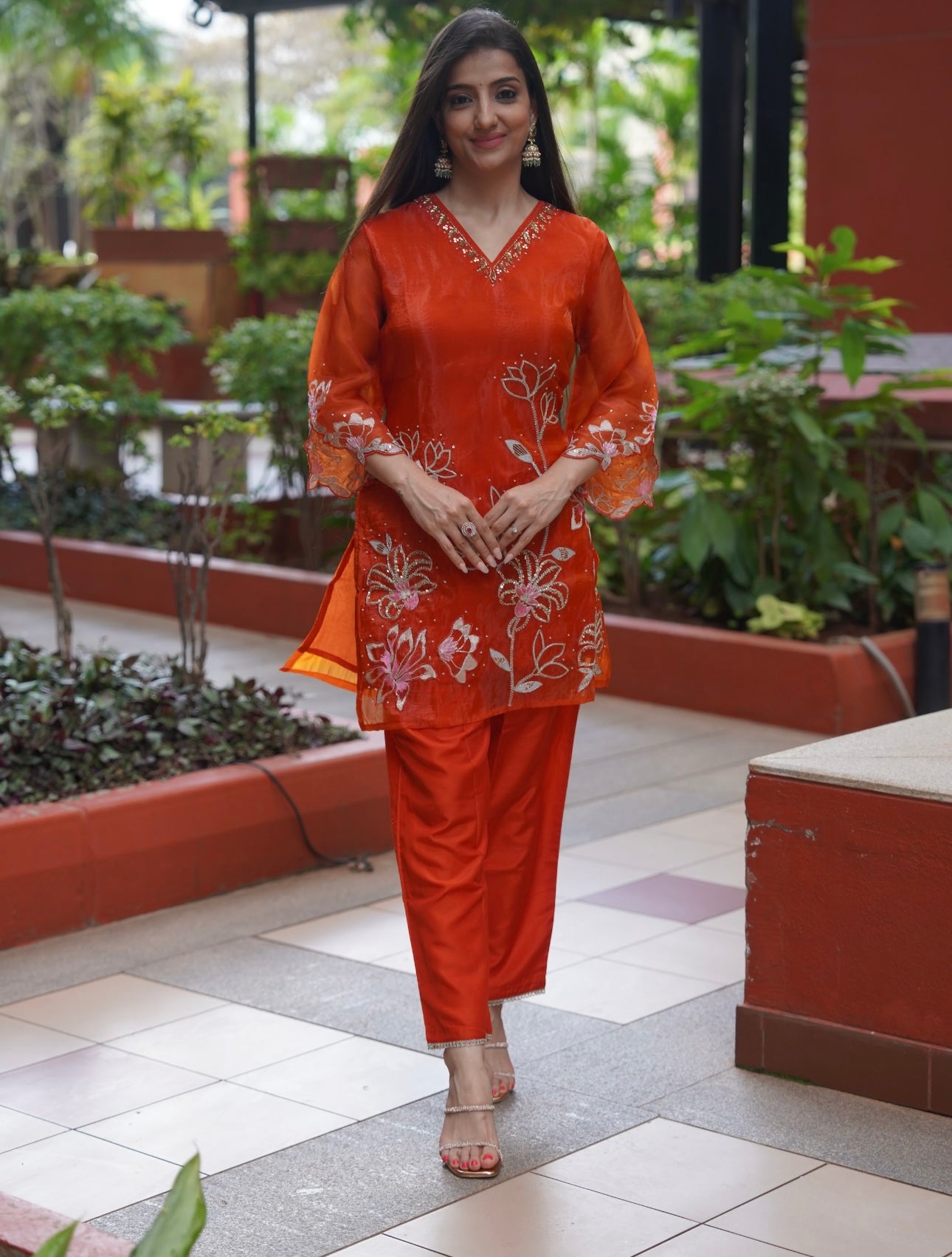 Narangi Organza Kurta Set with Floral Embroidery | Festive Ethnic Wear