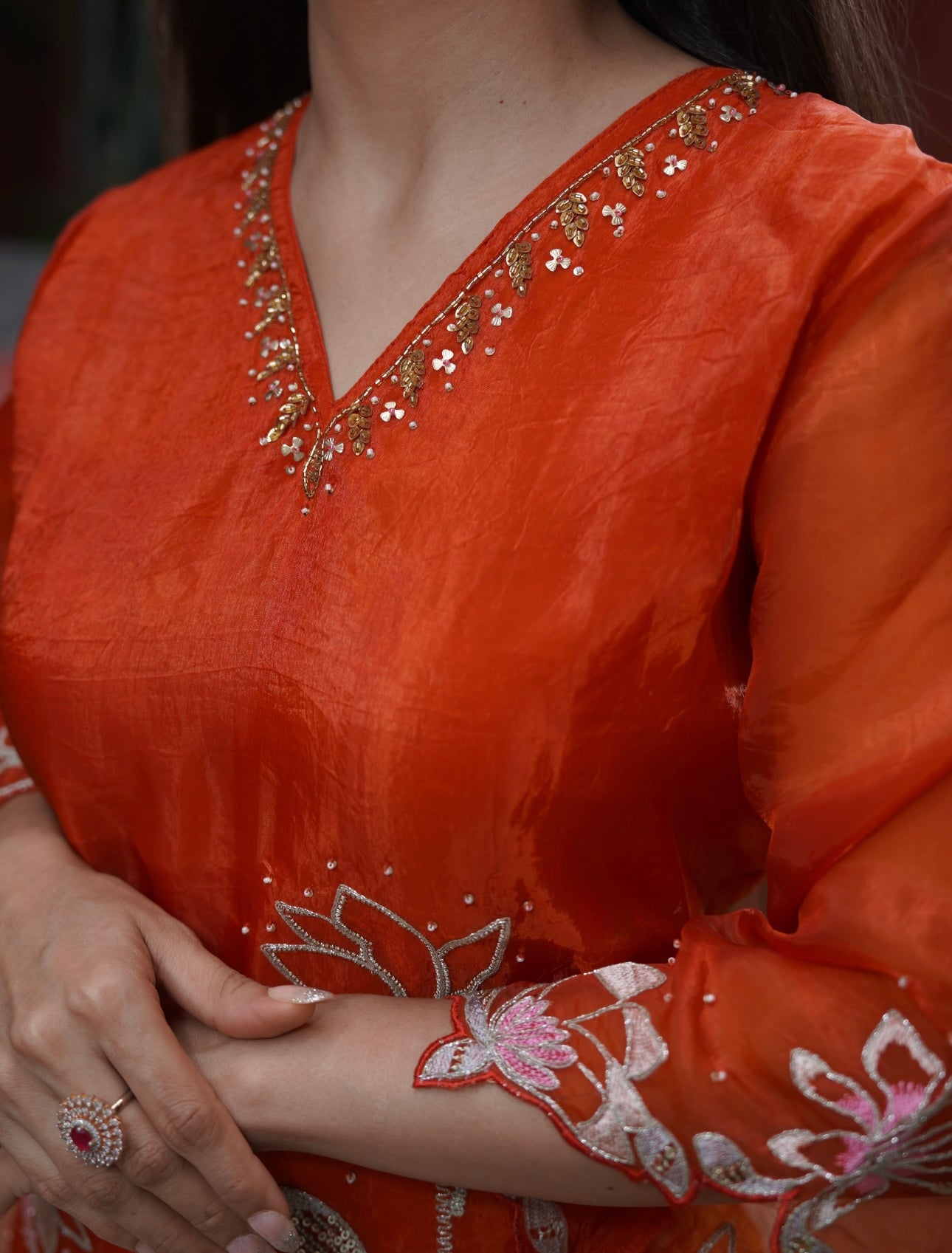 Narangi Organza Kurta Set with Floral Embroidery | Festive Ethnic Wear