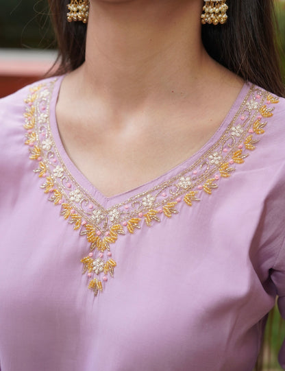 Lavender Embroidered Straight Suit Set with Dupatta | PARRII