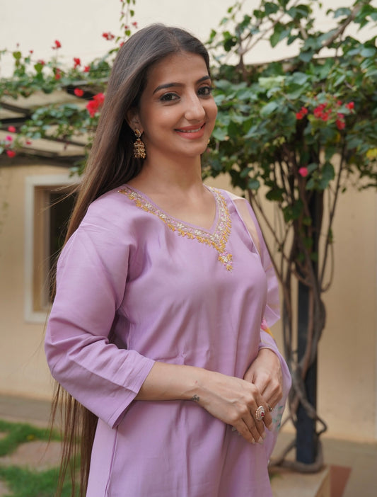 Lavender Embroidered Straight Suit Set with Dupatta | PARRII