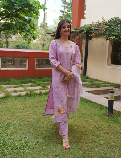 Lavender Embroidered Straight Suit Set with Dupatta | PARRII