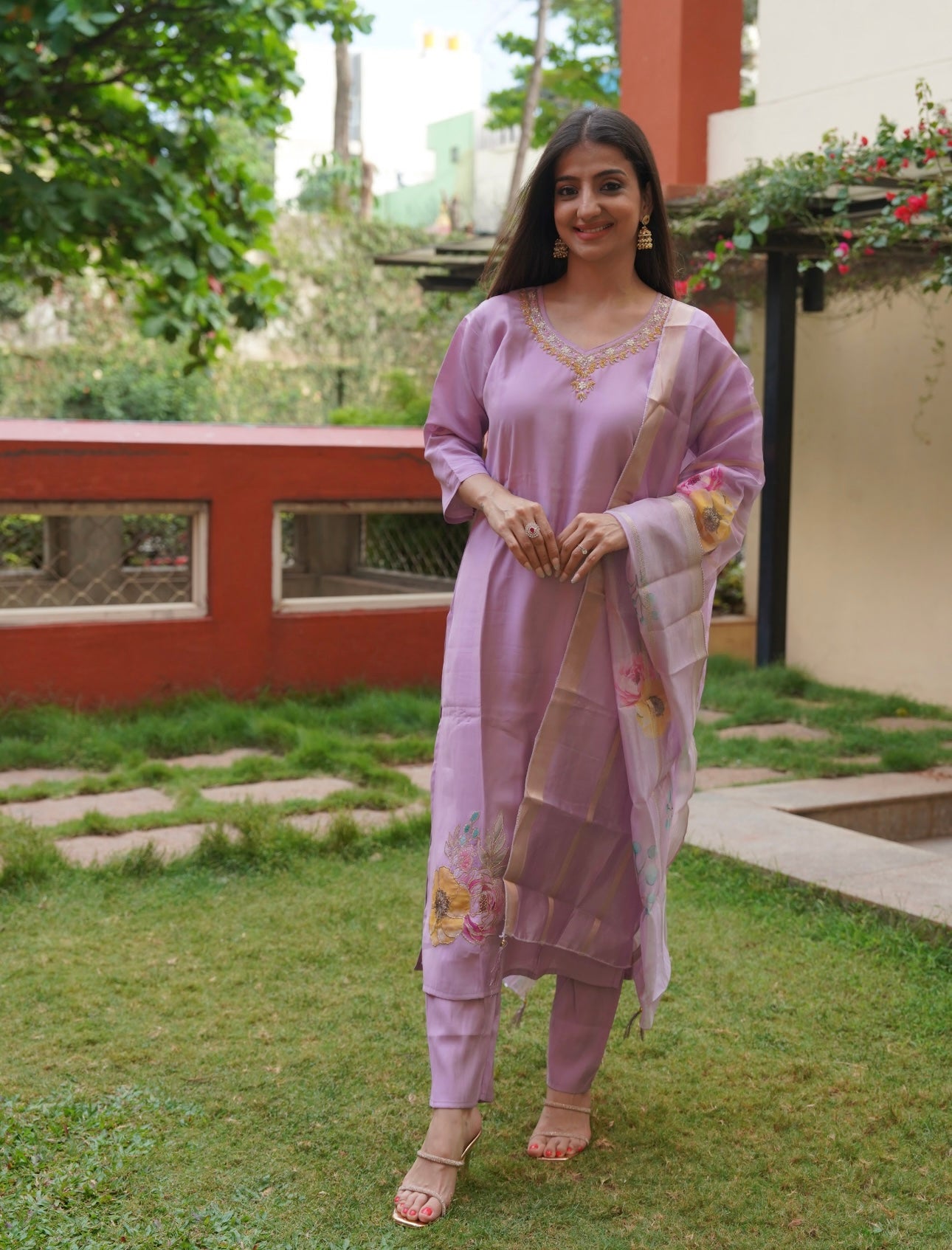 Lavender Embroidered Straight Suit Set with Dupatta | PARRII