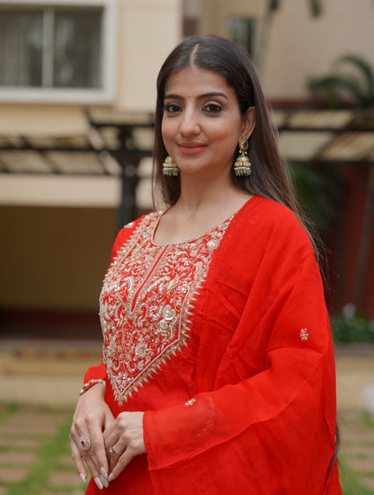 Aira Red Straight Kurta Set for Women | Festive Ethnic Wear by PARRII