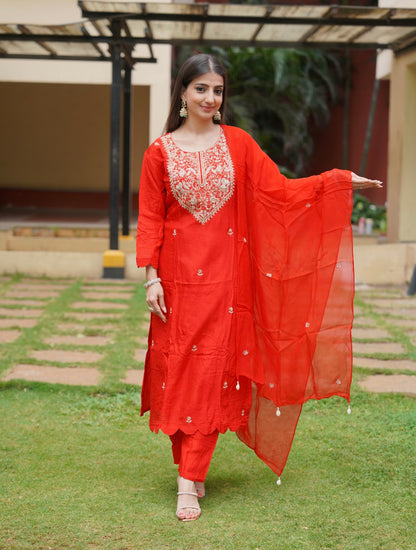 Aira Red Straight Kurta Set for Women | Festive Ethnic Wear by PARRII