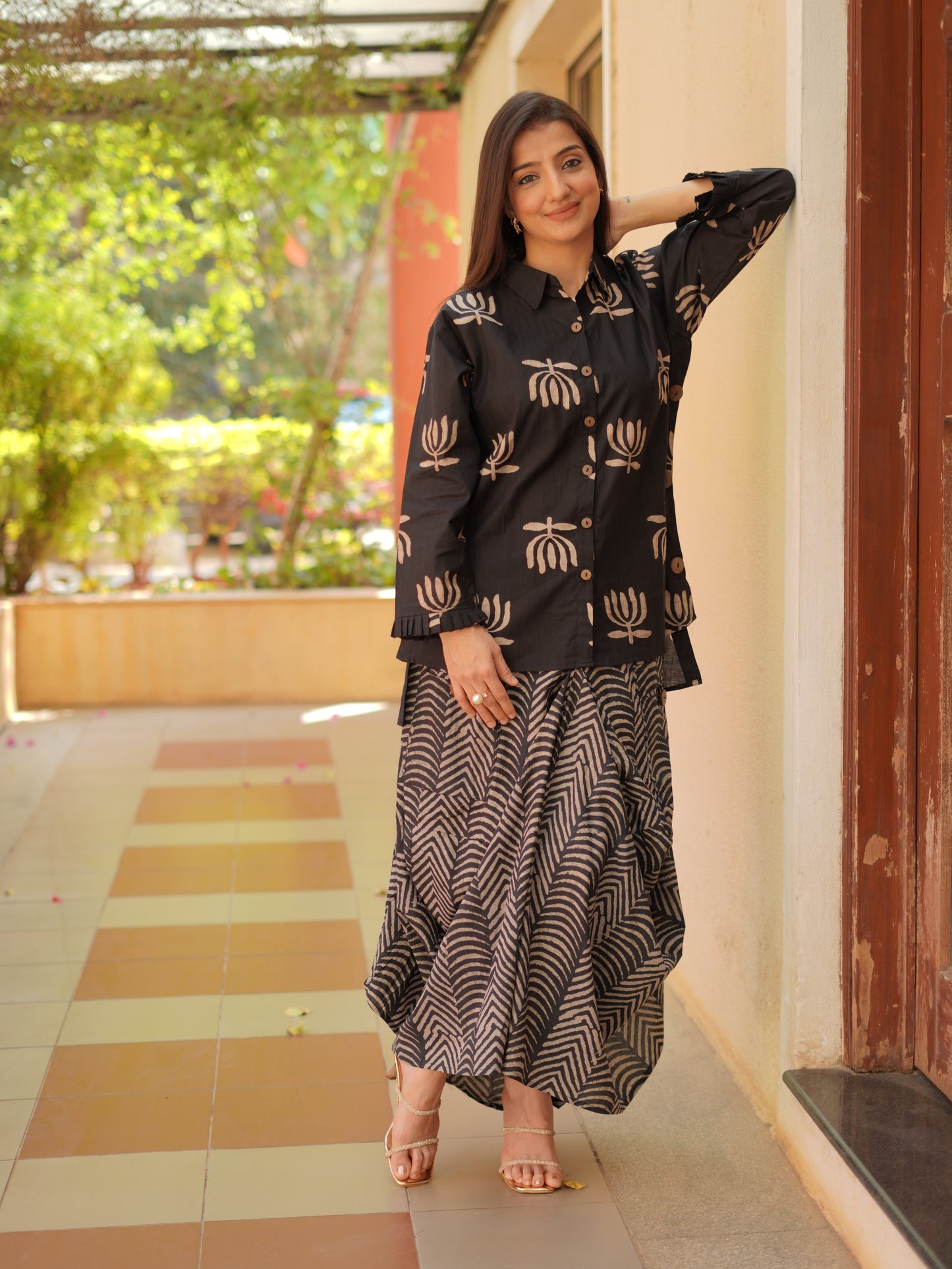 Black Lotus bloom Printed Fusion Kurta Set with turkey skirt.
