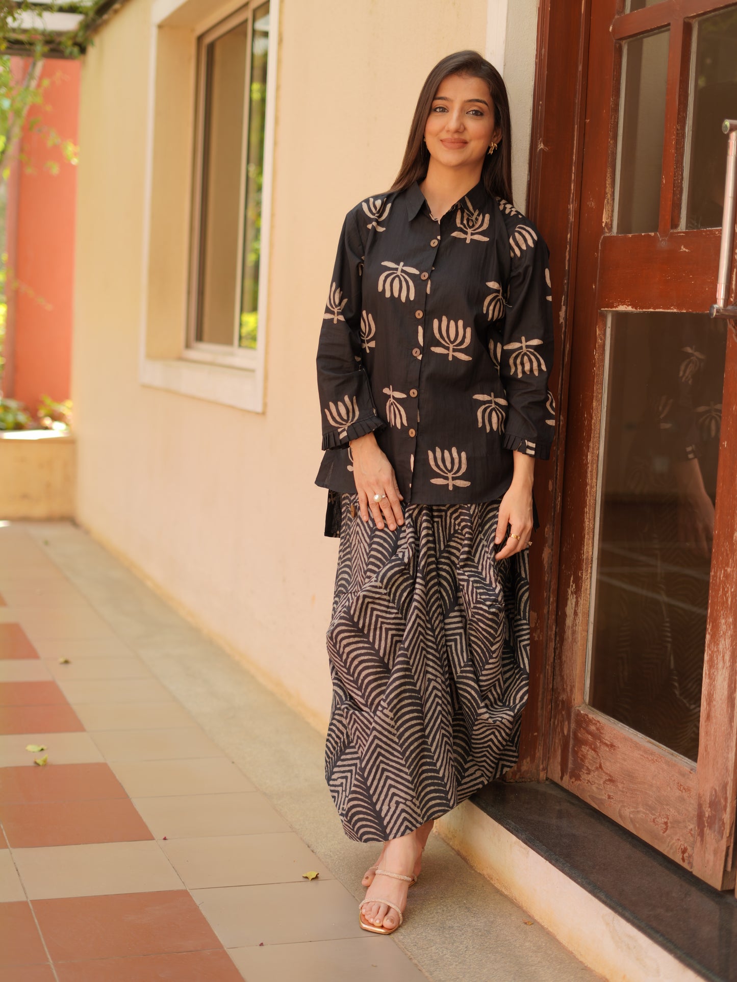Black Lotus bloom Printed Fusion Kurta Set with turkey skirt.