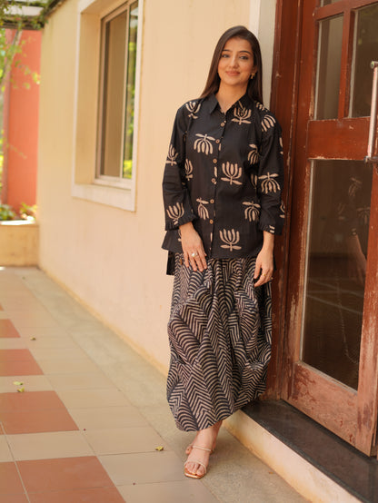 Black Lotus bloom Printed Fusion Kurta Set with turkey skirt.