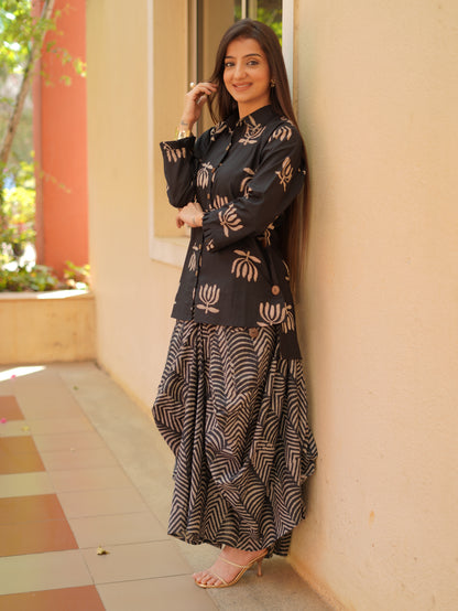 Black Lotus bloom Printed Fusion Kurta Set with turkey skirt.