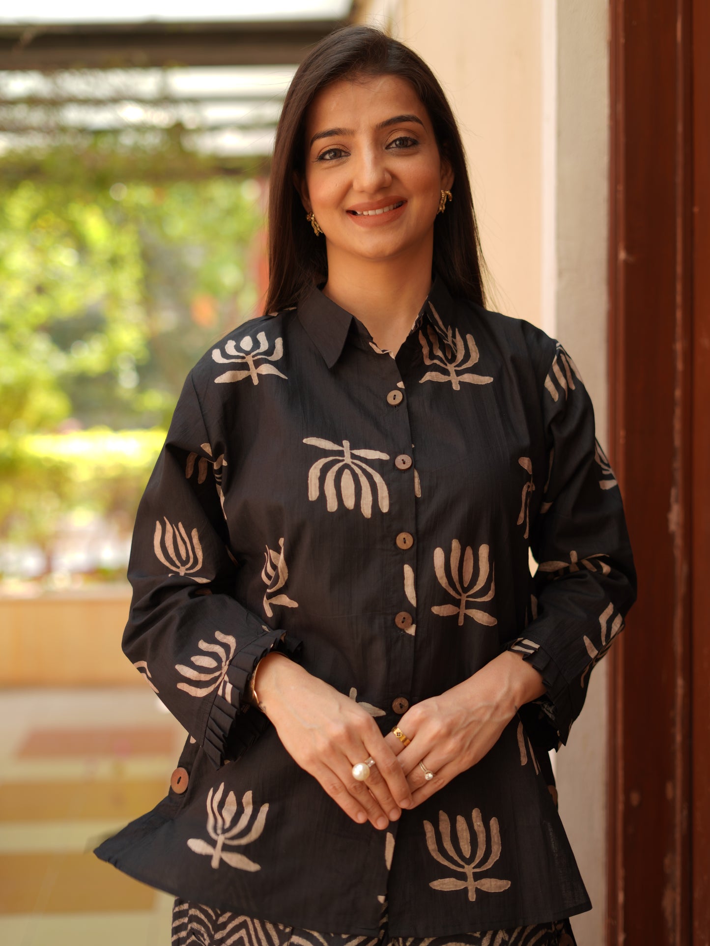 Black Lotus bloom Printed Fusion Kurta Set with turkey skirt.
