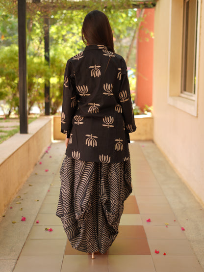 Black Lotus bloom Printed Fusion Kurta Set with turkey skirt.