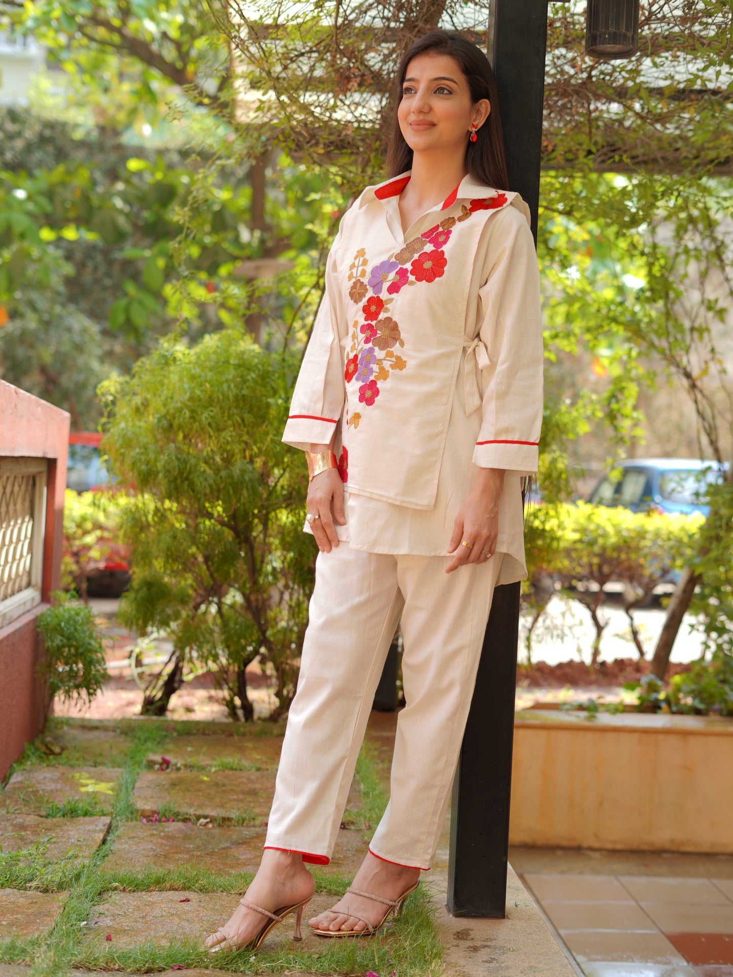 ivory Floral Embroidered cord Set with Pants | PARRII Fusion Ethnic Wear
