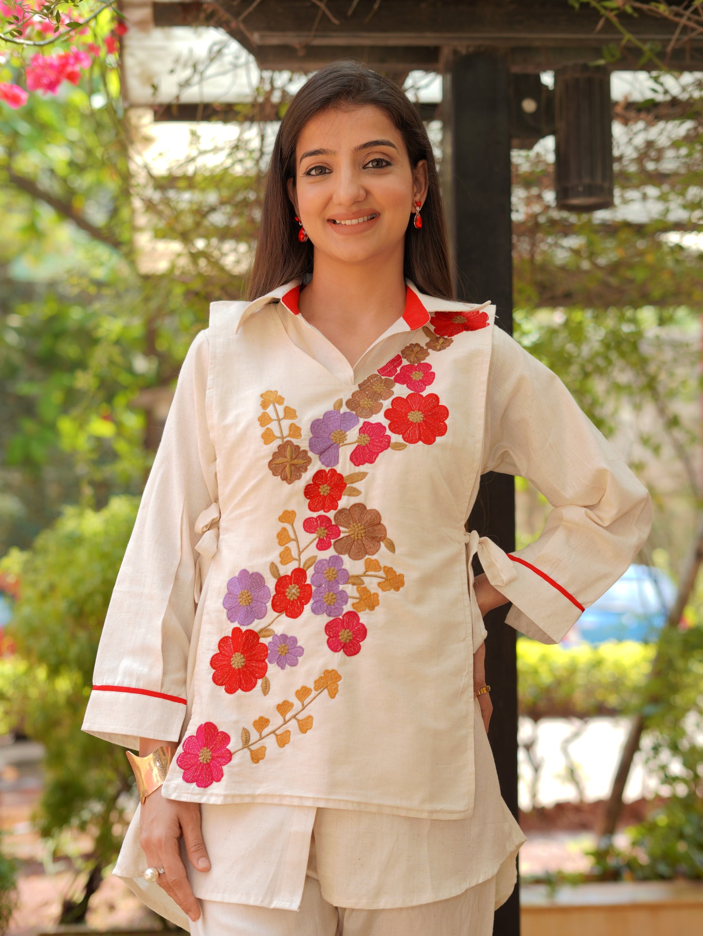 ivory Floral Embroidered cord Set with Pants | PARRII Fusion Ethnic Wear