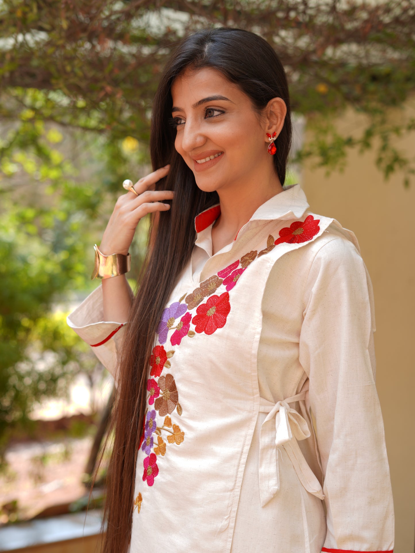 ivory Floral Embroidered cord Set with Pants | PARRII Fusion Ethnic Wear