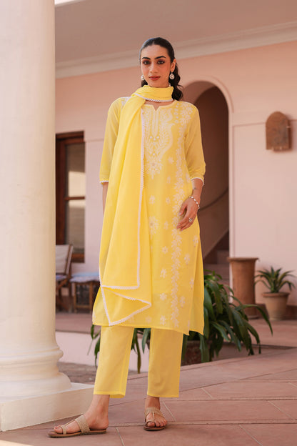 PARRII Sunshine Yellow Embroidered Summer Kurta Set with Dupatta