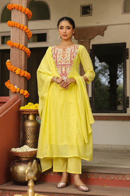 Sunshine Yellow Embroidered Kurta Suit Set for Women | PARRII