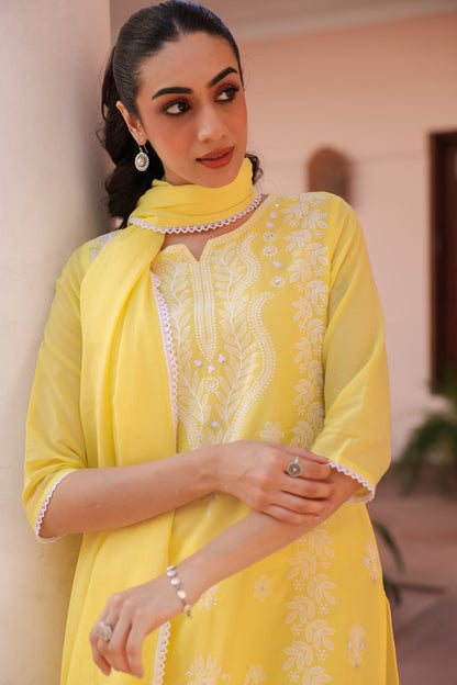 PARRII Sunshine Yellow Embroidered Summer Kurta Set with Dupatta