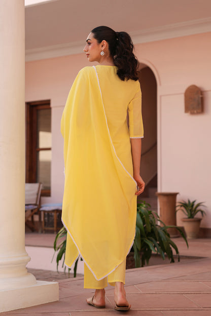 PARRII Sunshine Yellow Embroidered Summer Kurta Set with Dupatta