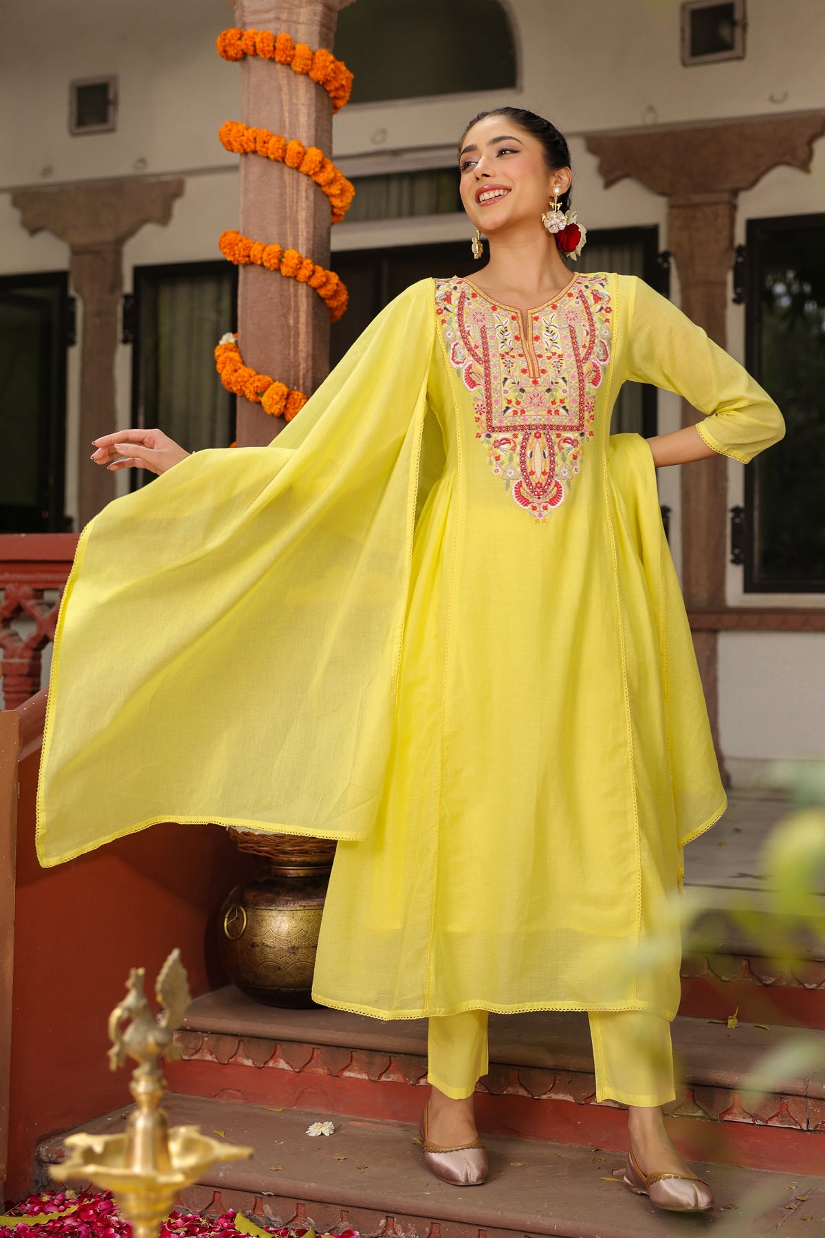 Sunshine Yellow Embroidered Kurta Suit Set for Women | PARRII