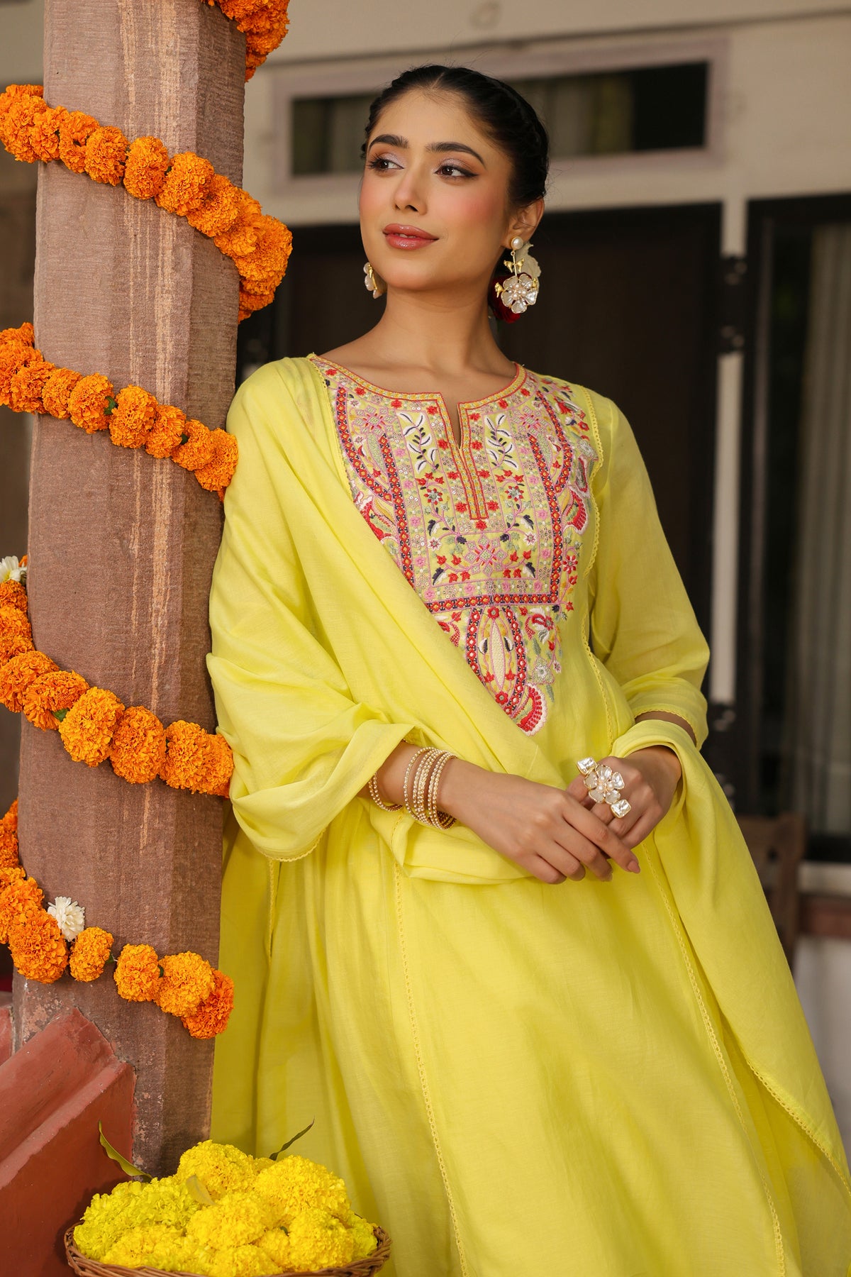 Sunshine Yellow Embroidered Kurta Suit Set for Women | PARRII