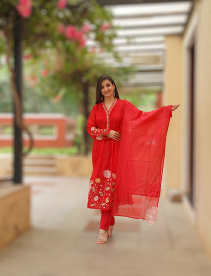 Red Shagun Embroidered Kurta Set with Dupatta for Women
