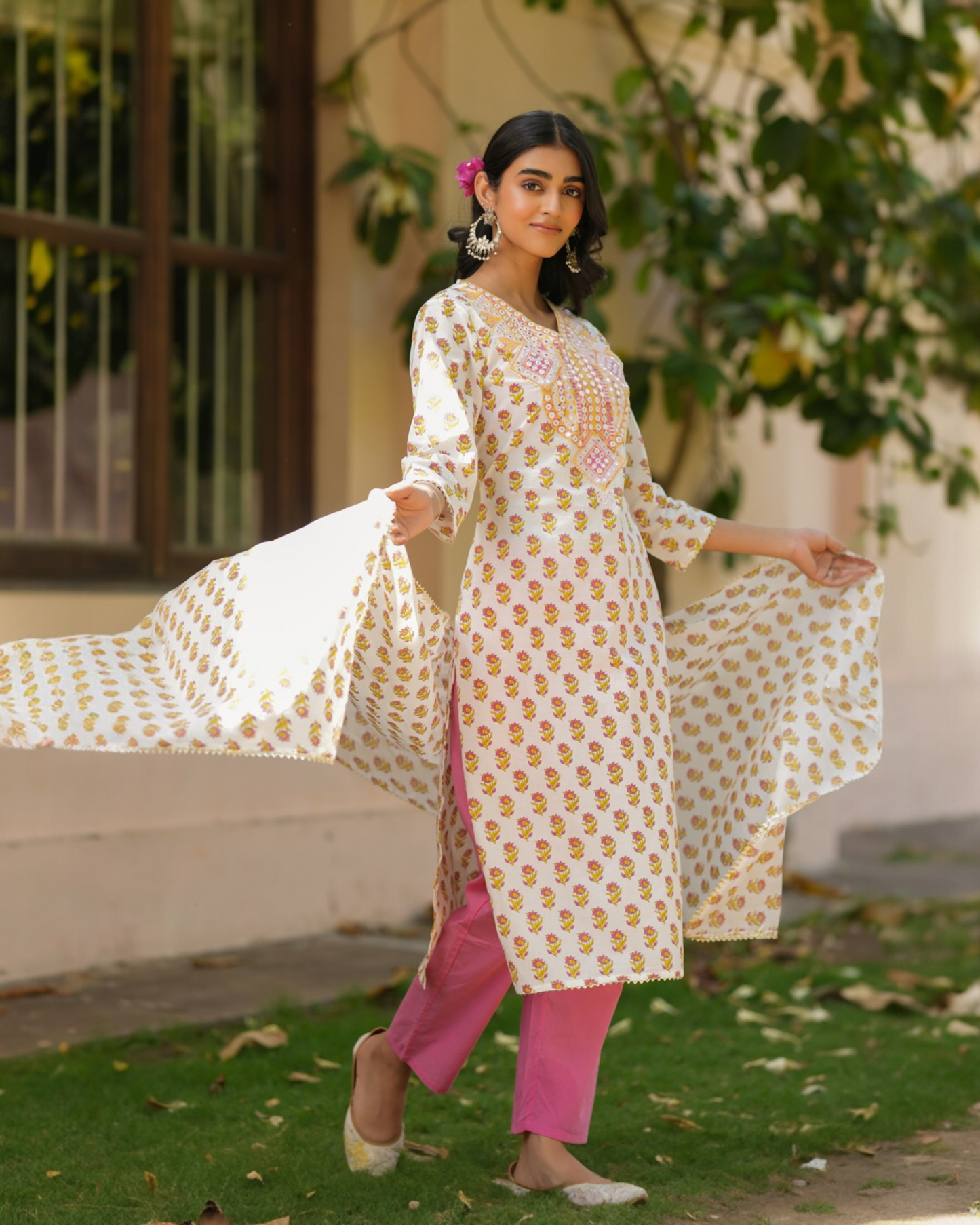 Gulbahaar Parrii White Floral Kurta Set with Pink Embroidery