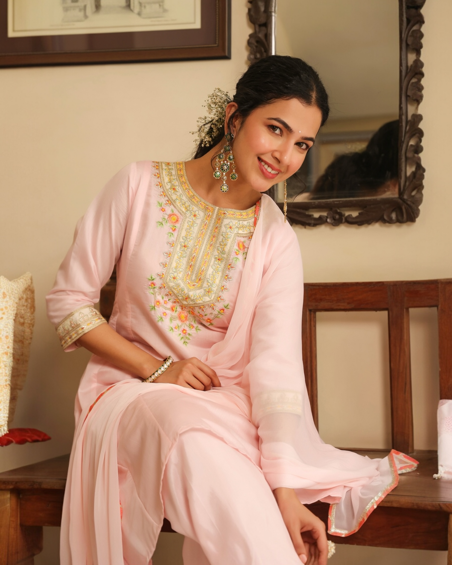 Rose Pink Anarkali Suit Set with Floral Embroidery & Dupatta – Parrii