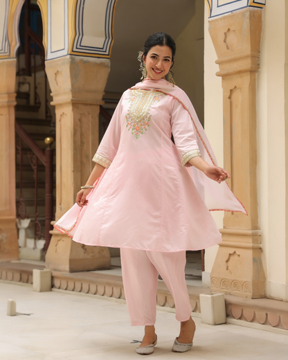 Rose Pink Anarkali Suit Set with Floral Embroidery & Dupatta – Parrii