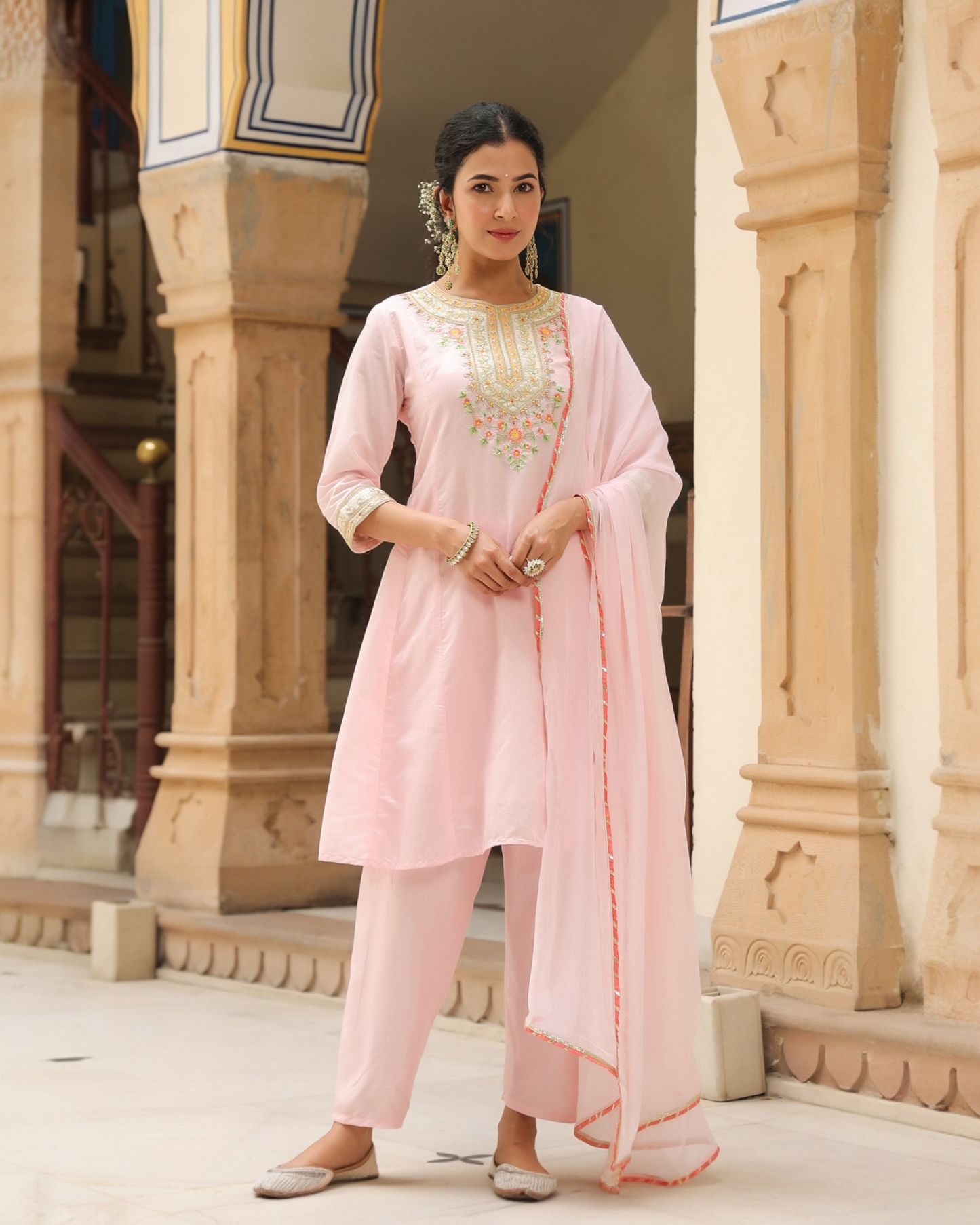 Rose Pink Anarkali Suit Set with Floral Embroidery & Dupatta – Parrii
