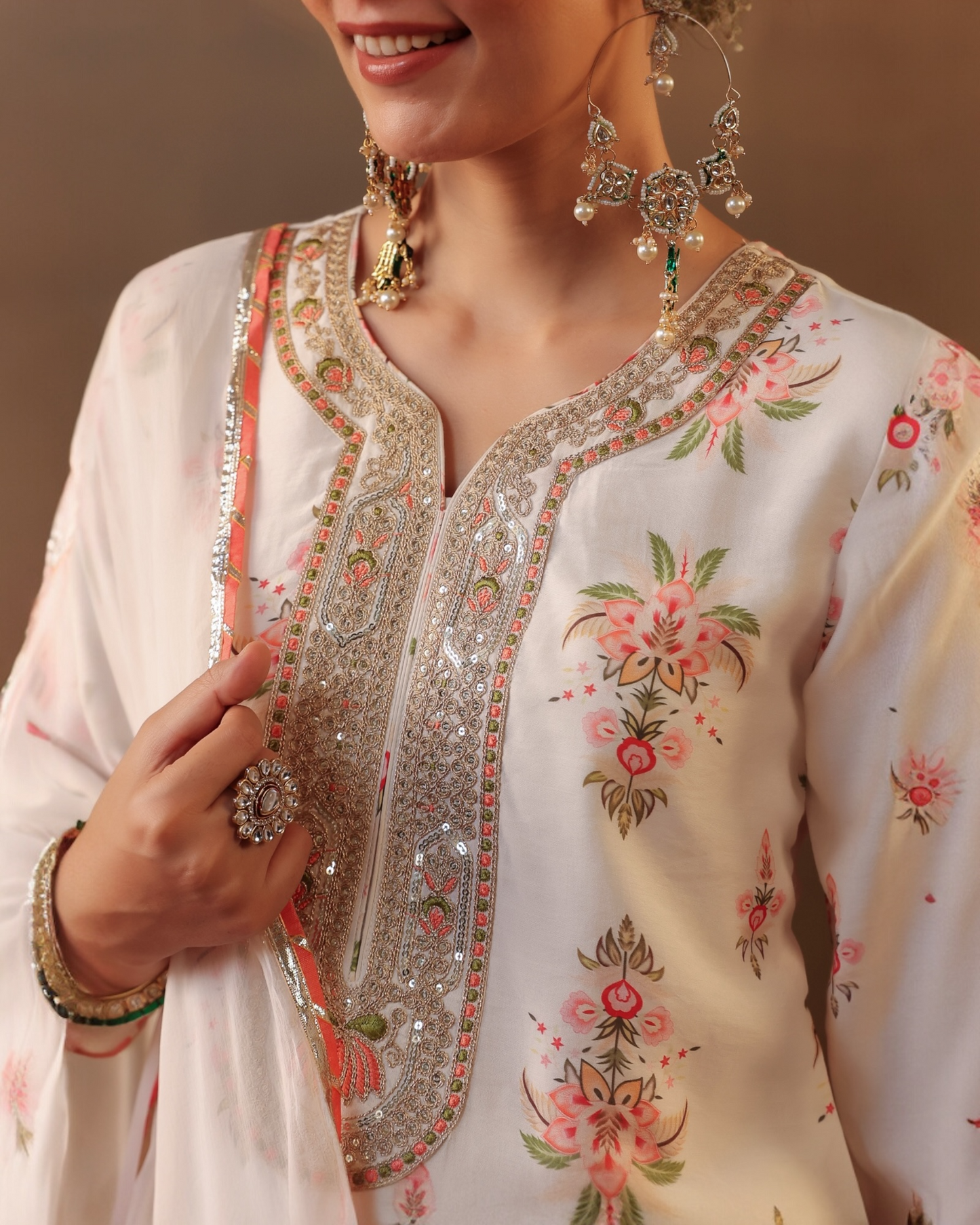 Chandini White Floral Suit Set with Embroidery & Dupatta – Parrii