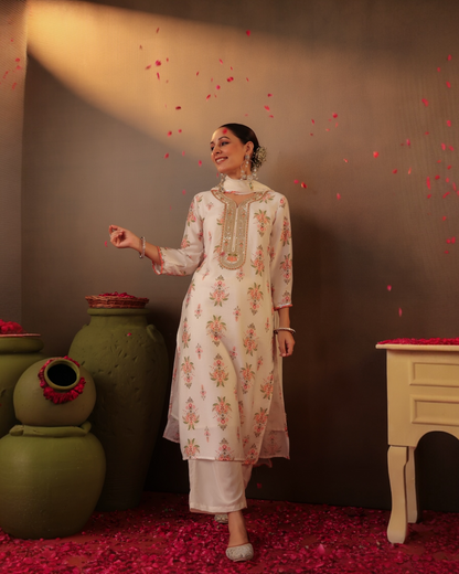 Chandini White Floral Suit Set with Embroidery & Dupatta – Parrii