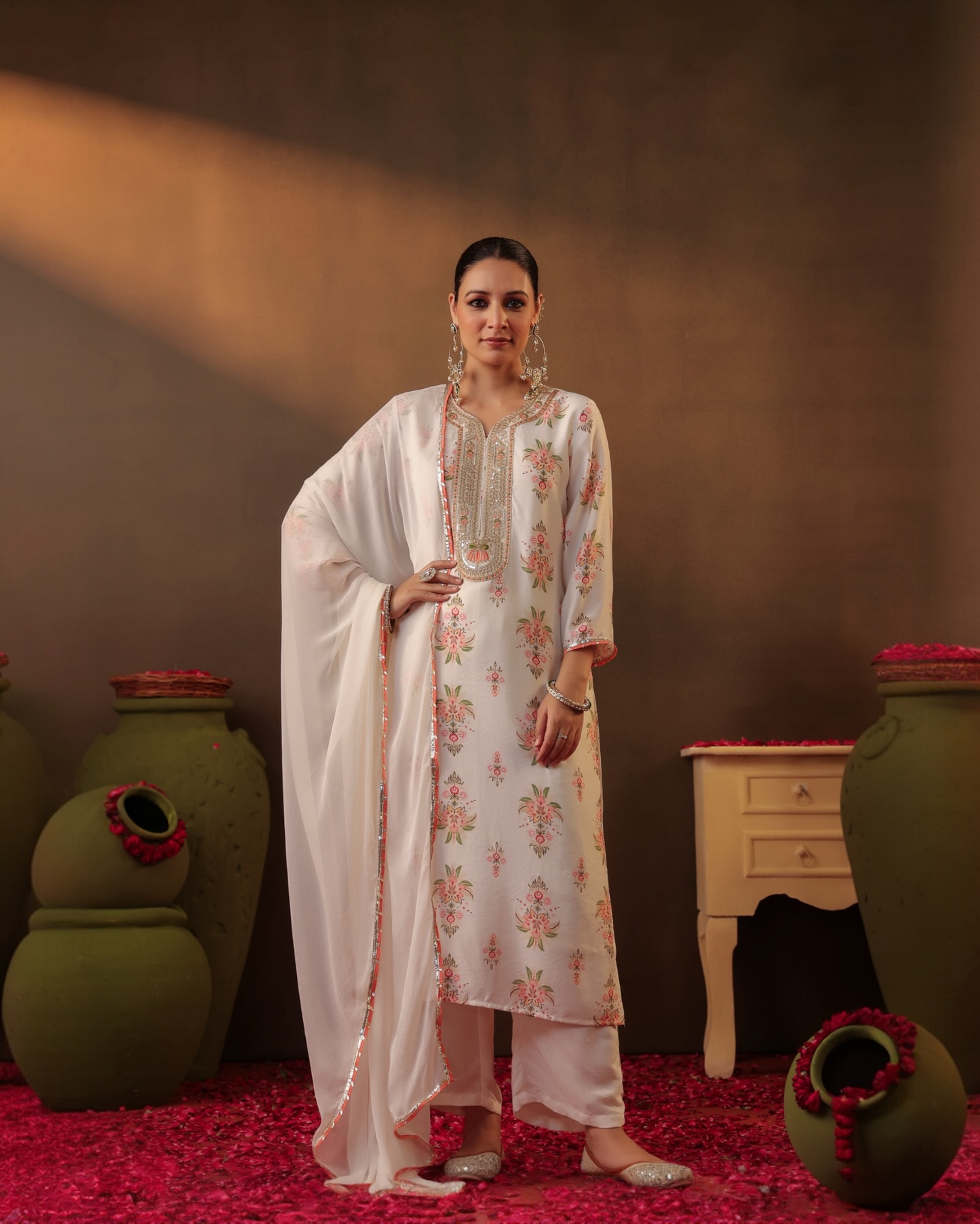 Chandini White Floral Suit Set with Embroidery & Dupatta – Parrii