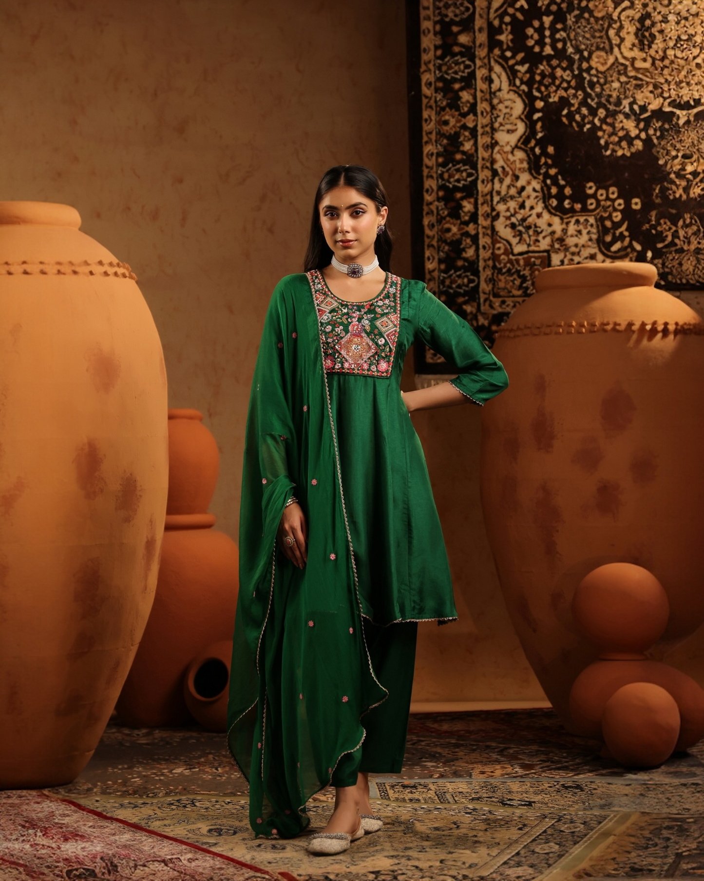 Zara Sa Hara Green Embroidered Anarkali Set with Dupatta – Parrii