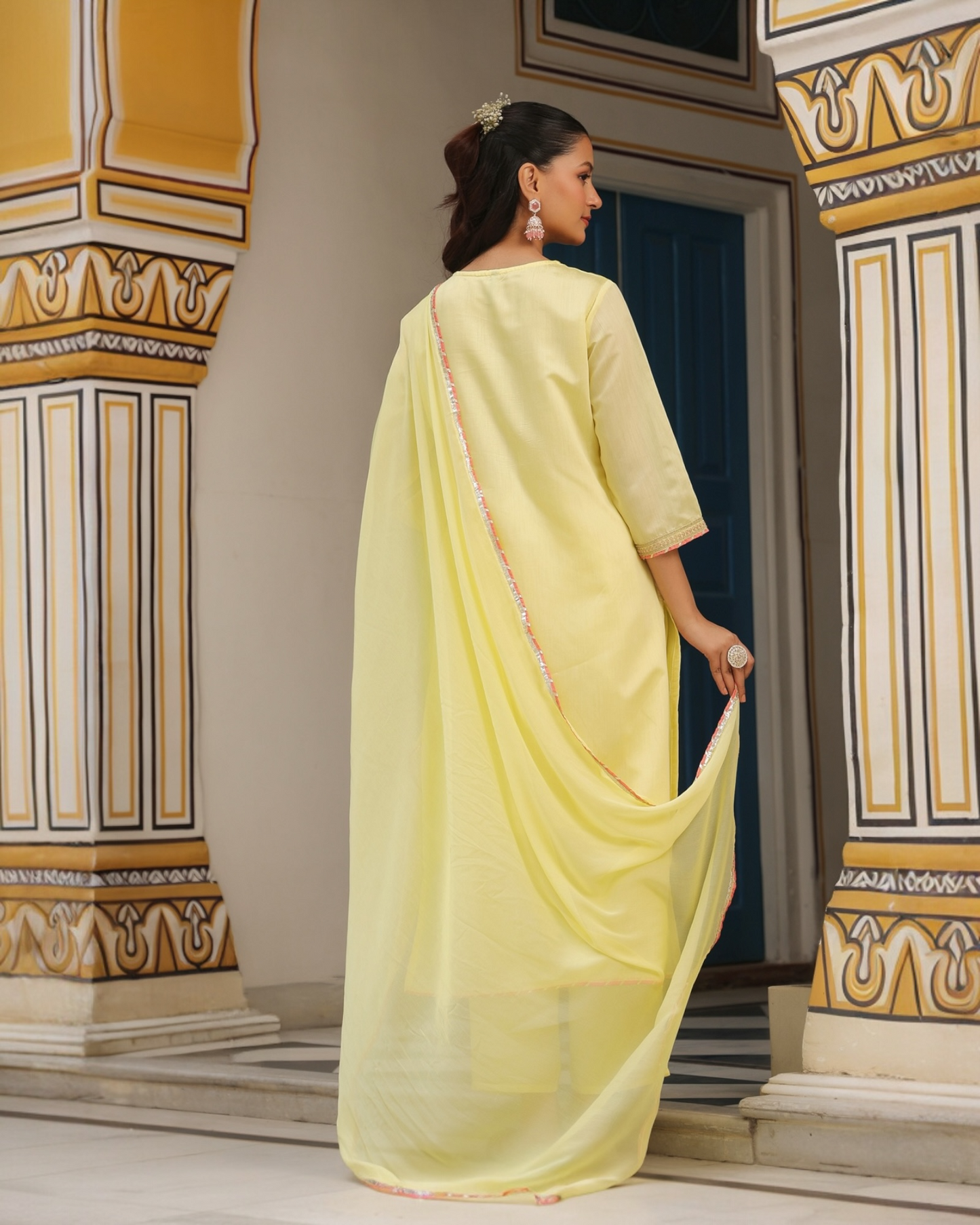 Halki Peeli Chanderi Kurta Set with Floral Embroidery | PARRII
